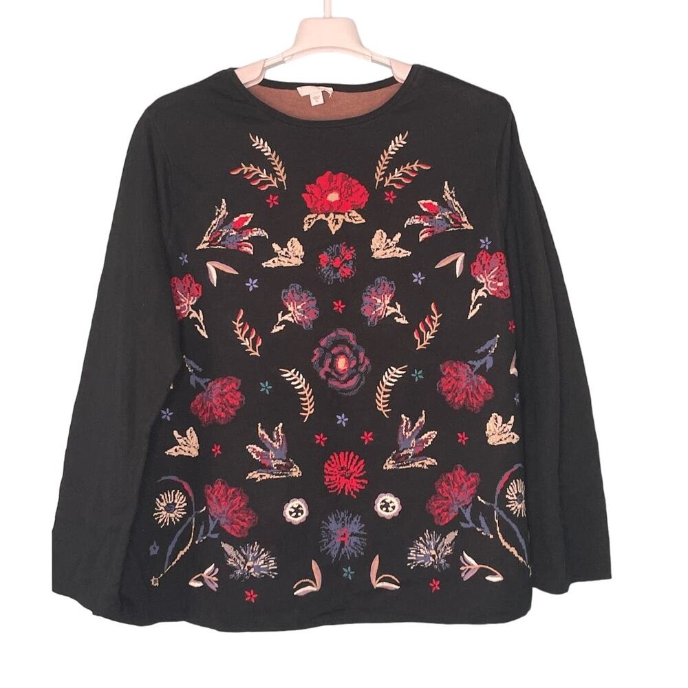 J Jill Black Wool Cotton Plush Pullover Sweater Botanical Floral Size XL